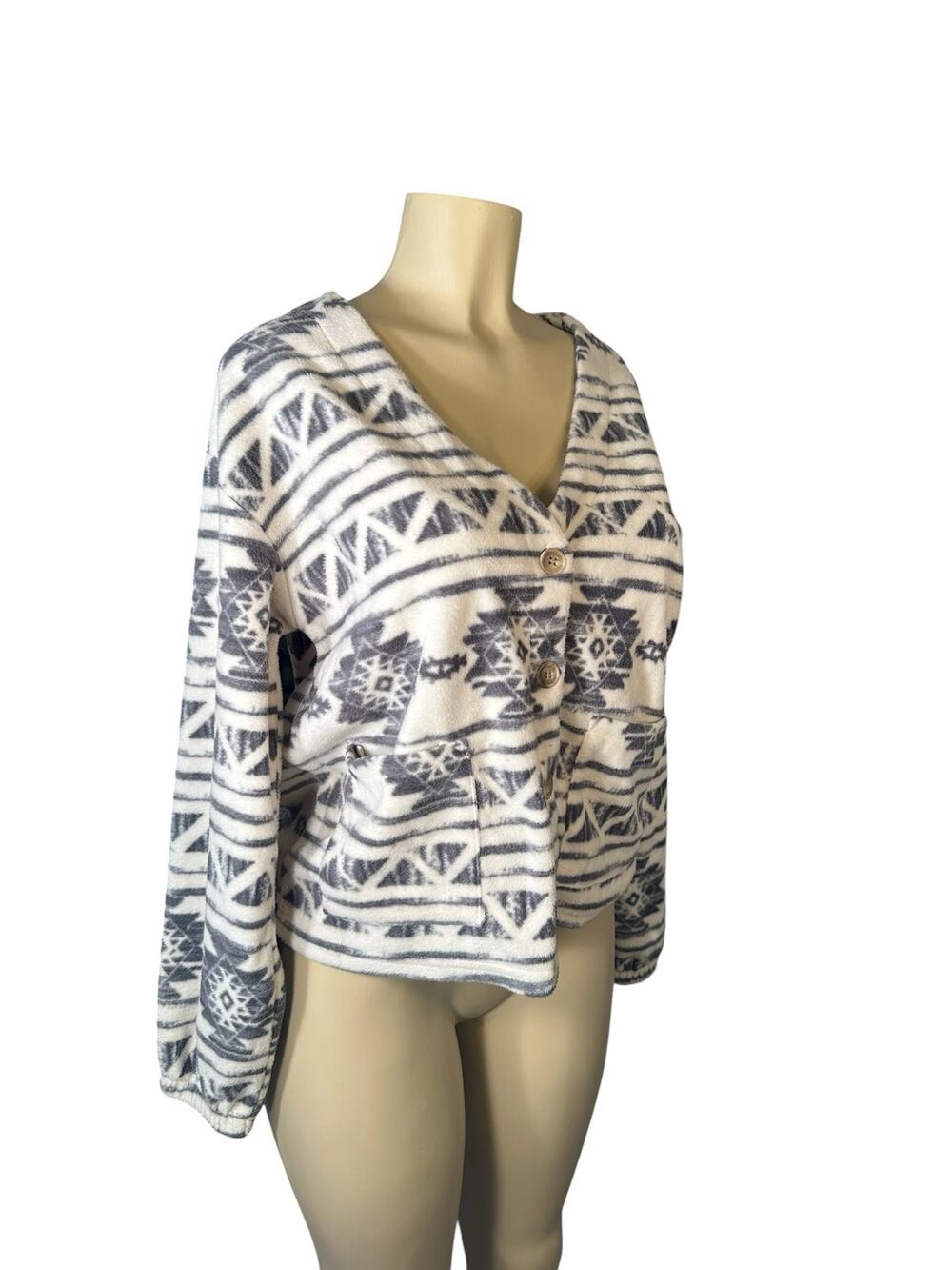 Womn M C&C California Fleece Aztec Print Button Shirt Cardigan Crop Ivory Jacket